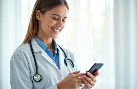 Happy female doctor using smartphone for telehealth. Woman medic in hospital clinic communicates online with patients. Doctor reads medical news or information on mobile app. Modern tech in medicine.