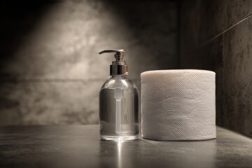 Toilet paper placed beside a bottle of hand sanitizer
