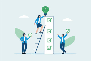 Flat illustration of employees placing green ESG lightbulb on top of checklist to represent clean energy goal achievement