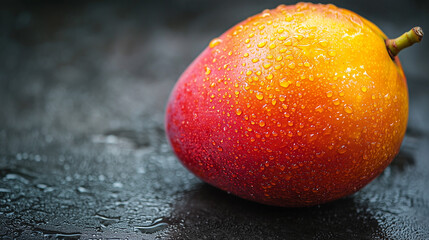 One juicy mango with drops of condensation on a stone table, minimal background, space for text.