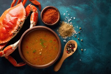 Crab soup bowl beside fresh crab shell and spices