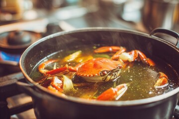 Crab soup simmering in a pot 