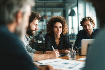 Colleagues engaged in a collaborative meeting in a modern office environment