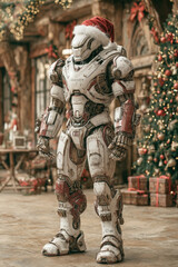 Robot Santa Claus stands beside a decorated Christmas tree with holiday ornaments and presents