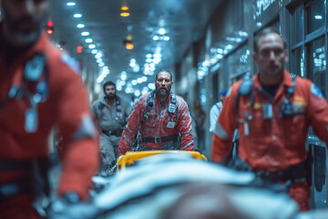 Doctors work urgently to save a patient's life in a modern emergency room