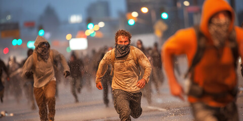 Protesters flee police amid intense clashes in urban streets at dusk