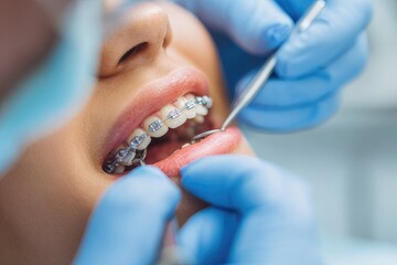 Orthodontist adjusting metal braces on a patient
