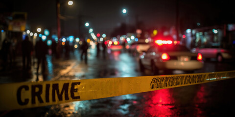 Busy evening street under investigation with onlookers and flashing police lights nearby