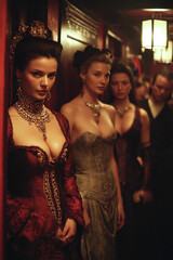 Elegant courtesans in a dimly lit parlor showcase their beauty and allure in a vintage setting