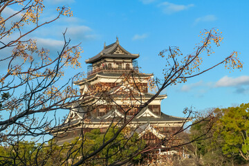 Bare tree branches with pale winter berries frame a beautiful, soft-focus view of the historic Hiroshima Castle. Artistic perspective captures the iconic Japanese landmark on a clear day in Hiroshima