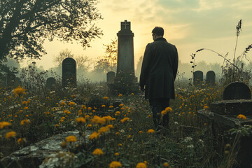 Soldier reflects on memories in a serene military cemetery surrounded by flowers