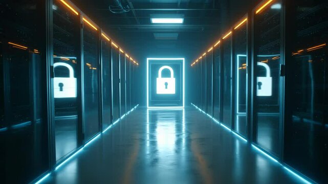 A secure server room with a glowing lock icon at the end of the corridor. Data security and protection in modern IT infrastructure emphasized.