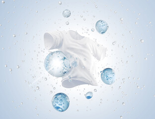 White casual shirts washed in clean water with molecule in liquid bubble, Detergent cleaner, 3d rendering.