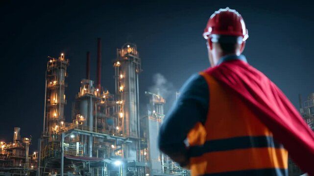 Construction Supervisor Contemplates an Industrial Site at Night. Heroic figure in a hard hat and cape oversees the bustling cityscape. Building confidence.