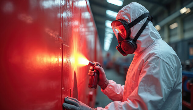 Worker protective suit with respirator sprays red paint onto metal surface at industrial facility. Painting process application, safety equipment. Pro worker, hazardous work. Production industry.