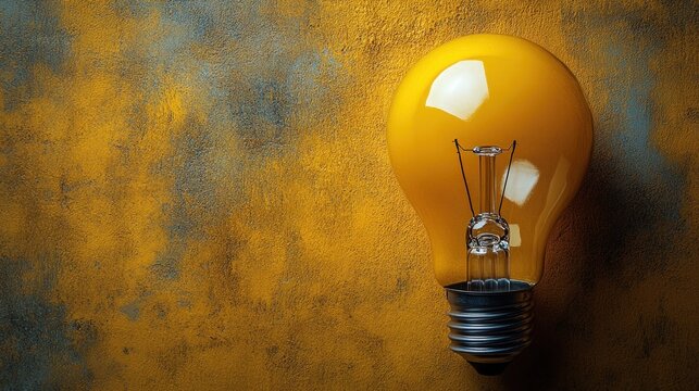 Bright yellow lightbulb on textured surface - Powered by Adobe