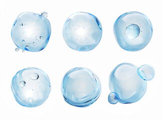 set of blue liquid bubbles, Cosmetic collagen serum 3d illustration.