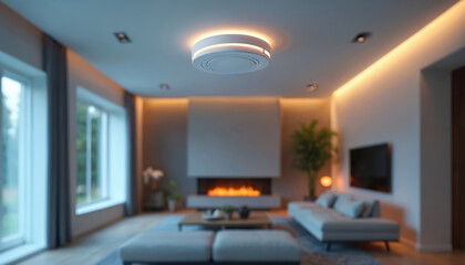Modern white smoke detector mounted on white ceiling in home interior. Fire alarm system. Electronic device for fire detection and protection. Building security. Home safety.