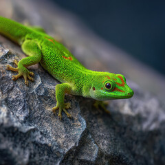 Fototapeta premium Green Gecko on Stone Surface Macro Close-up Vibrant