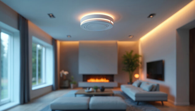 Modern white smoke detector mounted on white ceiling in home interior. Fire alarm system. Electronic device for fire detection and protection. Building security. Home safety.