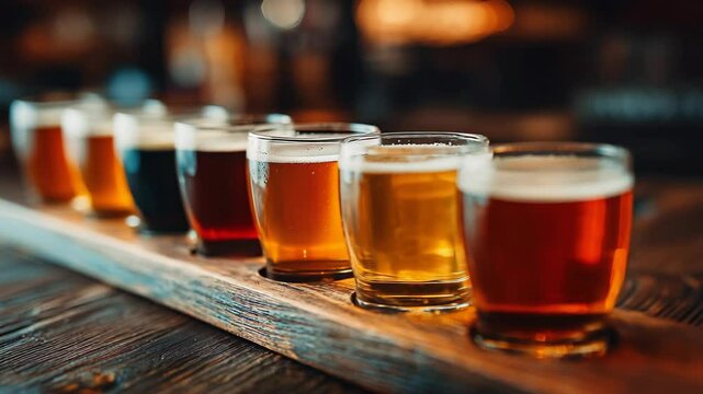 Assorted Beer Flight: A curated selection of different brews in small glasses, perfect for sampling and discovering new flavors, served on a wooden tray.