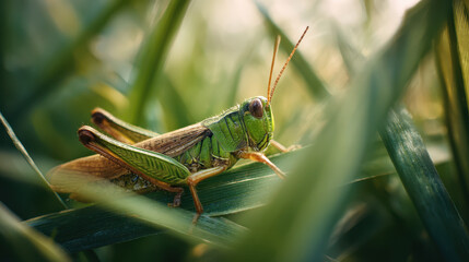 Green Grasshopper Sitting on Blade of Grass Shallow