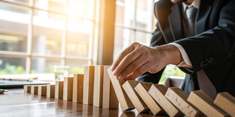 Abstract background. New generation leaders with wooden dominoes and strategies for risk management and business investment decision making