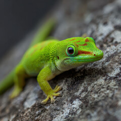 Fototapeta premium Green Gecko on Stone Surface Macro Close-up Vibrant