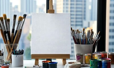 Artists blank canvas surrounded by brushes on table, ideal for art school tutorials, painting class intros, or design-themed promotional videos. 4K high resolution video