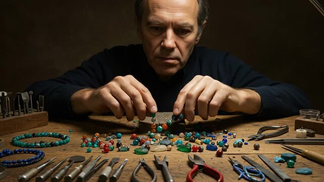Man carefully designing jewelry with beads and tools on workspace  