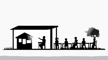 Fototapeta premium Silhouette of an outdoor classroom with a teacher and students sitting at desks under a shaded structure