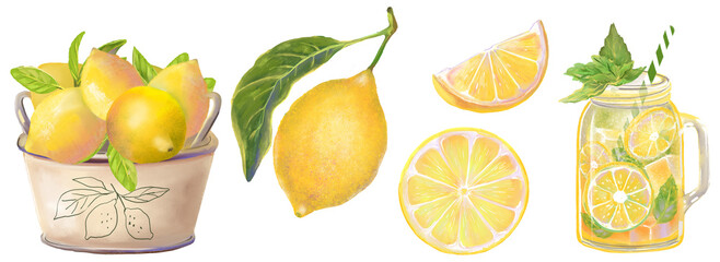 Watercolor style set illustrations of lemons in craft tin basket, lush green leaves, slices or wedges and a glass jar of lemonade. Citrus fruits are perfect for food packaging, summer designs
