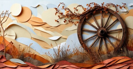 Fototapeta premium Papercraft landscape depicts rustic scene. Wheel, branches, hills create textured artwork. Warm tones dominate composition.