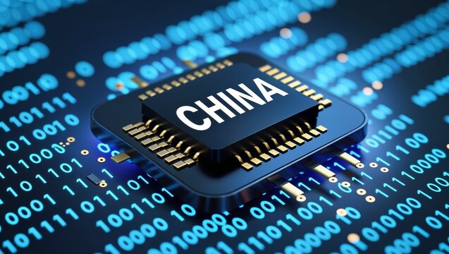China's chip technology illustrated with processor and binary code highlighting innovation and tech development.