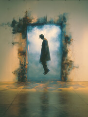 Mysterious silhouette of a man in a hat floating in a surreal, smoky portal on a wall