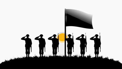 Silhouette of soldiers saluting near a flag with a sun in the background on a grassy hill memorializing honor