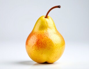 This pear glows with a golden-yellow base and red-blushed sides, its surface subtly dappled. It is poised gracefully, its elongated stem arching gently above the rounded form.