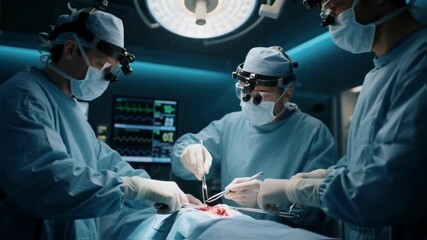 Team of focused surgeons wearing magnifying loupes performs a complex operation in a modern surgical theater, representing medical precision and advanced healthcare technology - Powered by Adobe