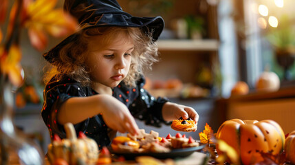 Child in Halloween costume reaching for cookie at festive autumn table
