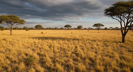 Obraz premium Golden Savanna Landscape Under a Dramatic Sky