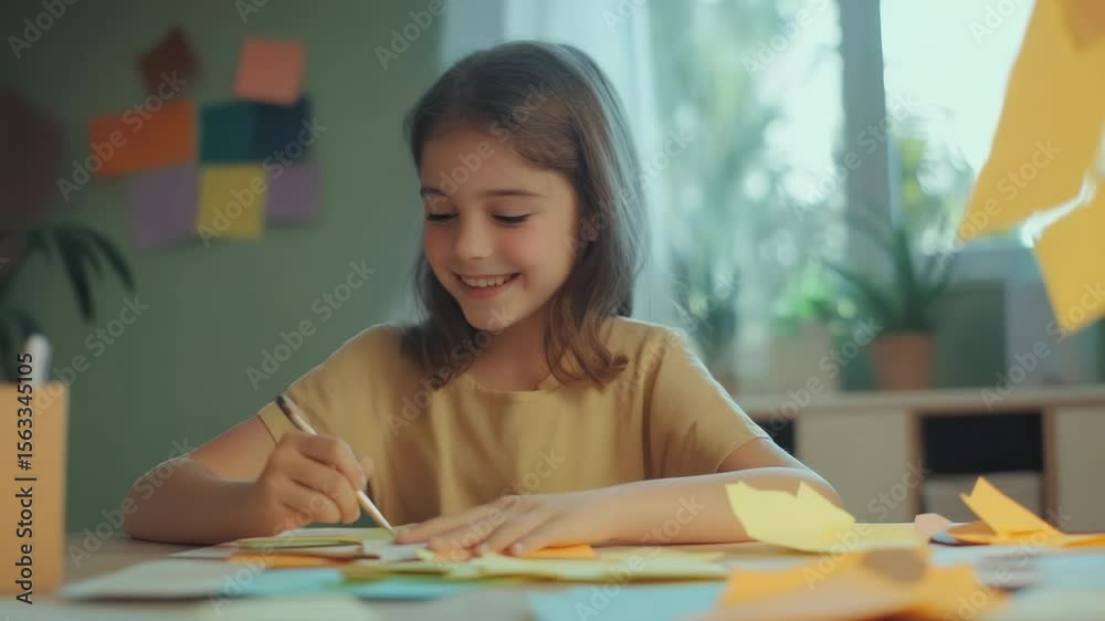 Poster happy elementary school student drawing and writing on colorful sticky notes while studying at home,