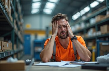 Exhausted warehouse worker suffering from headache. Overworked, stressed, tired man feels work pressure, fatigue. Mental health issues in workplace, job stress. Burnout, pressure, health problems,