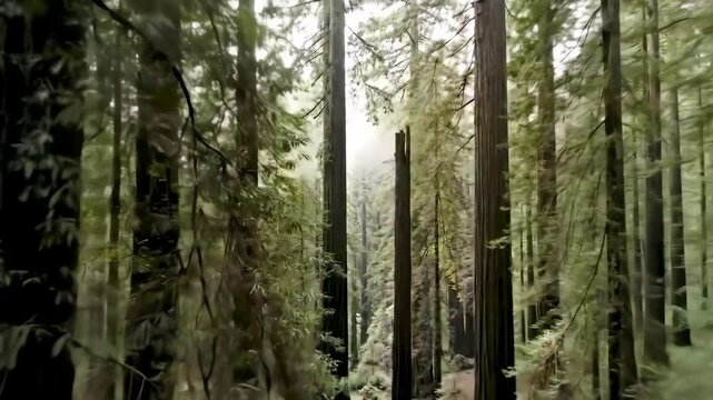 4K cinematic footage of a lush green forest in the early morning, with long tree shadows and warm sunlight shining through the foliage. The camera tracks right, revealing depth and movement through th