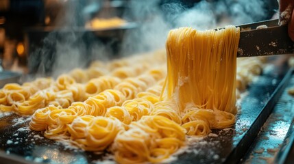 Fresh Pasta Preparation with Tongs and Steam