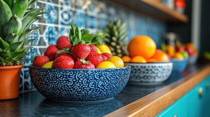 Fruit Bowls on Countertop with Pineapple and Tile Backsplash
