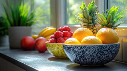 Fruit Bowls and Plants on Kitchen Countertop Near Window