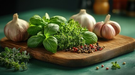 Garlic Bulbs, Herbs and Peppercorns on Wooden Cutting Board