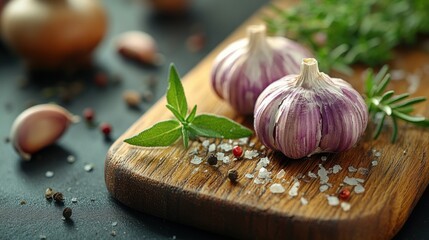 Garlic Heads Herbs Spices on Cutting Board