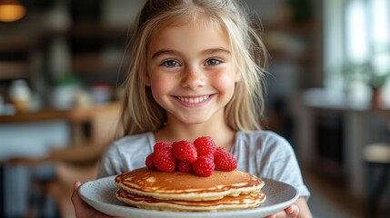 Girl Holding Pancakes with Raspberries on Plate