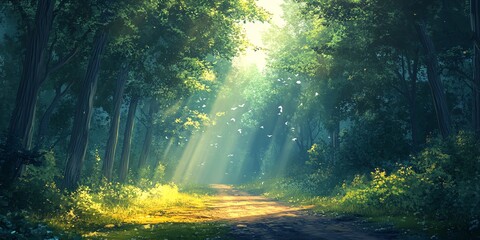 Fototapeta premium Sunlit Forest Path with Green Trees and Bright Light in Nature Scene